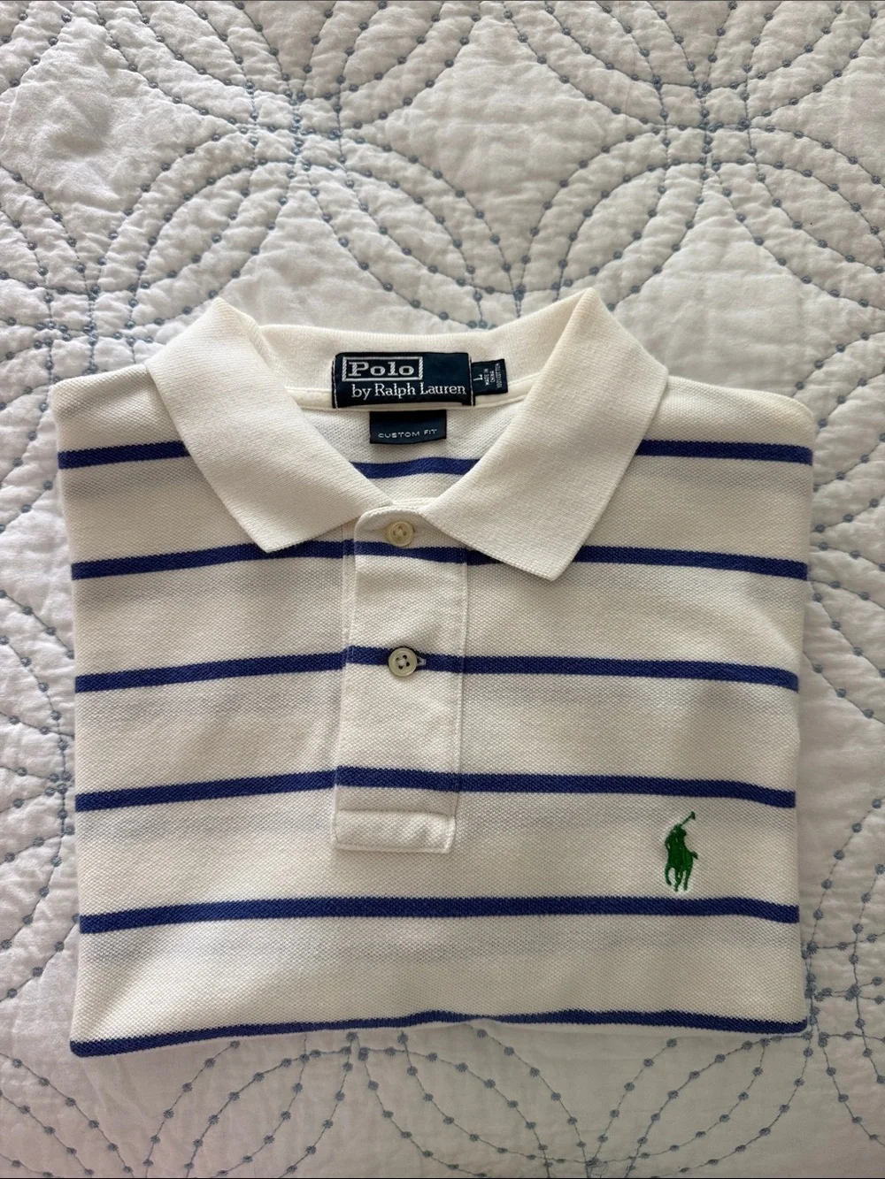 Polo by Ralph Lauren White Polo with Blue Stripes and Green Pony Men’s Custom L